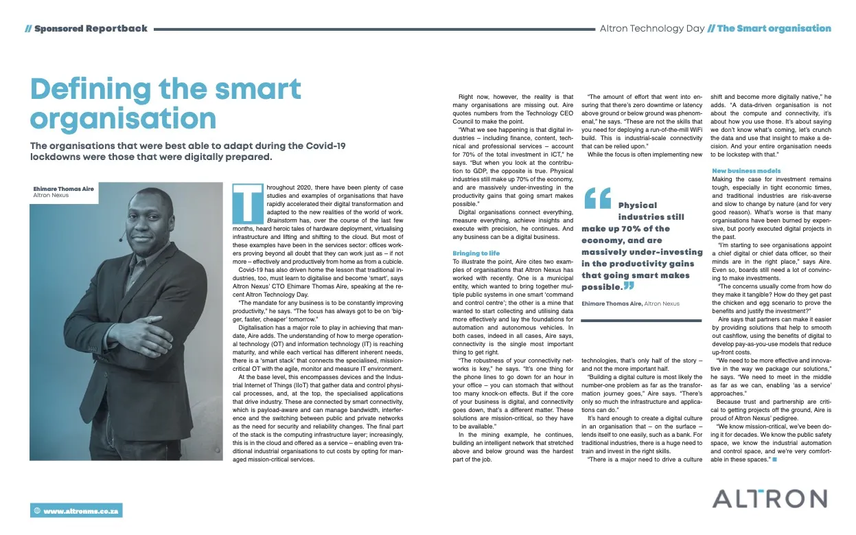 Copy of an article with Altron Nexus Chief Technology Officer Ehimare Thomas Aire with the title "Defining the smart organisation"